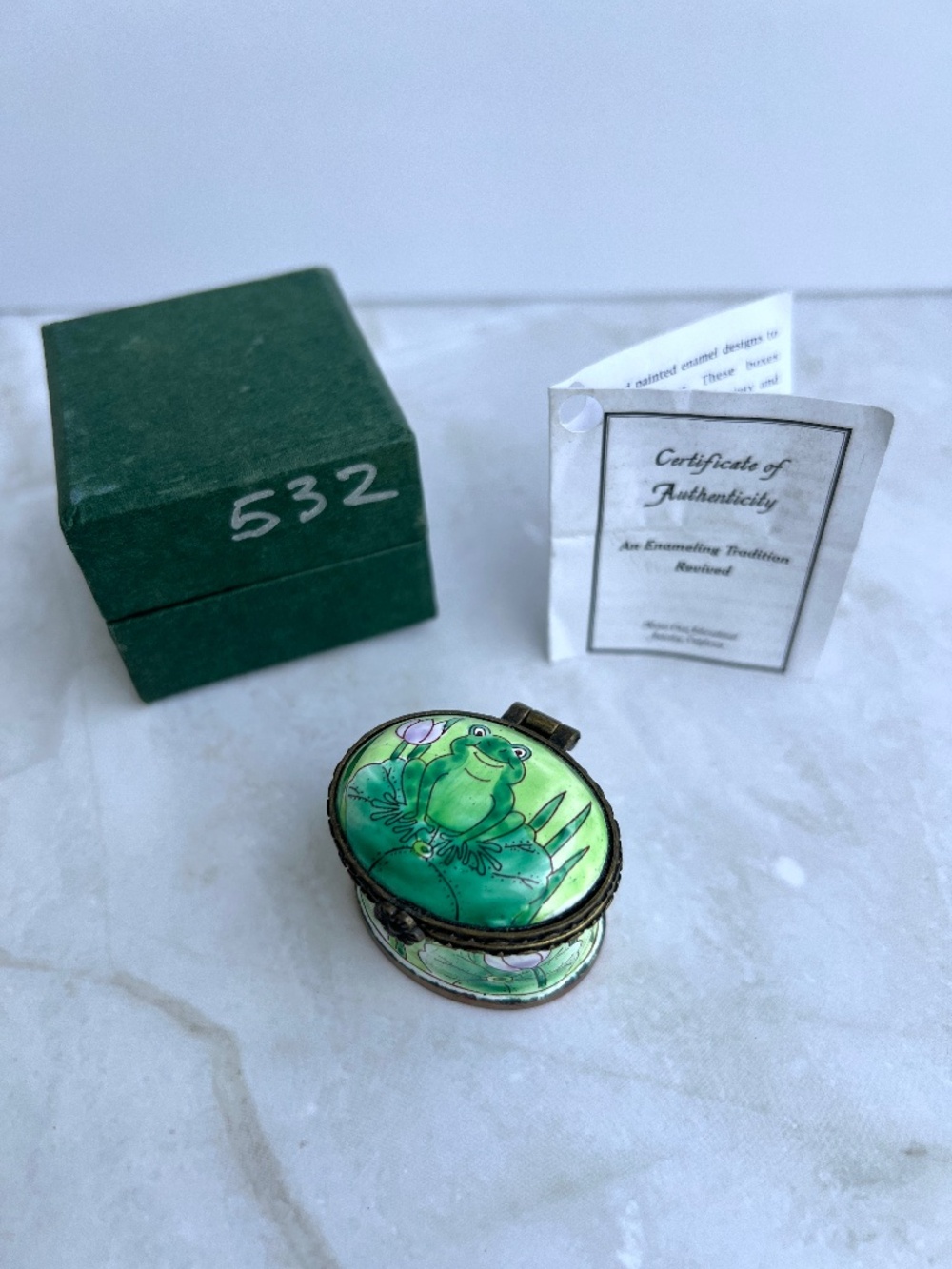 Kelvin Chen Enamel Frog Trinket Box, Hand Painted Copper, Lily Pad Design, 2005